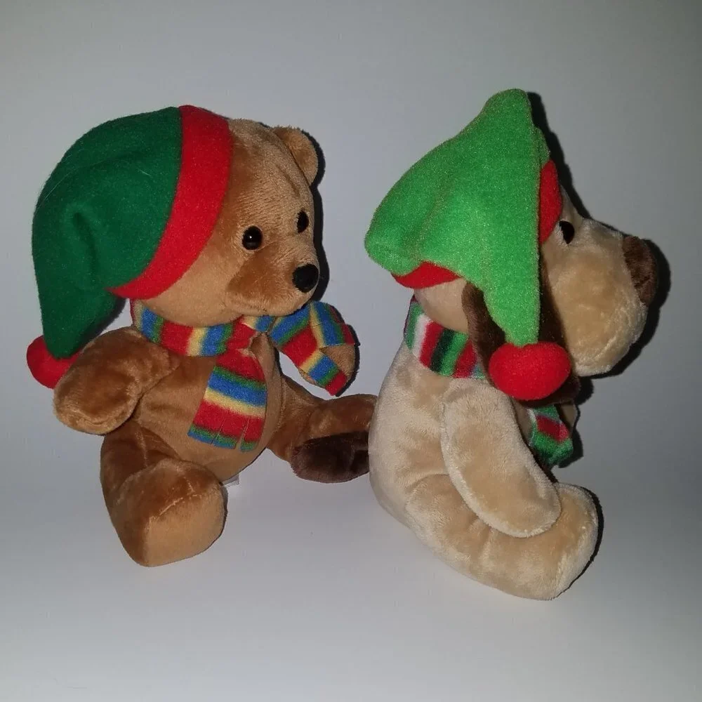 2 Caltoy Christmas Plush Lot Puppy Dog Teddy Bear Stuffed Toys Scarf Santa Hat